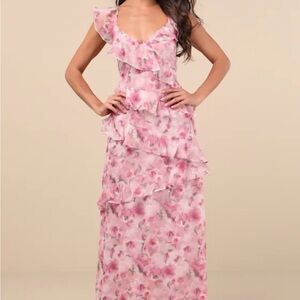 Lulu's Pink Floral Ruffle Maxi Dress